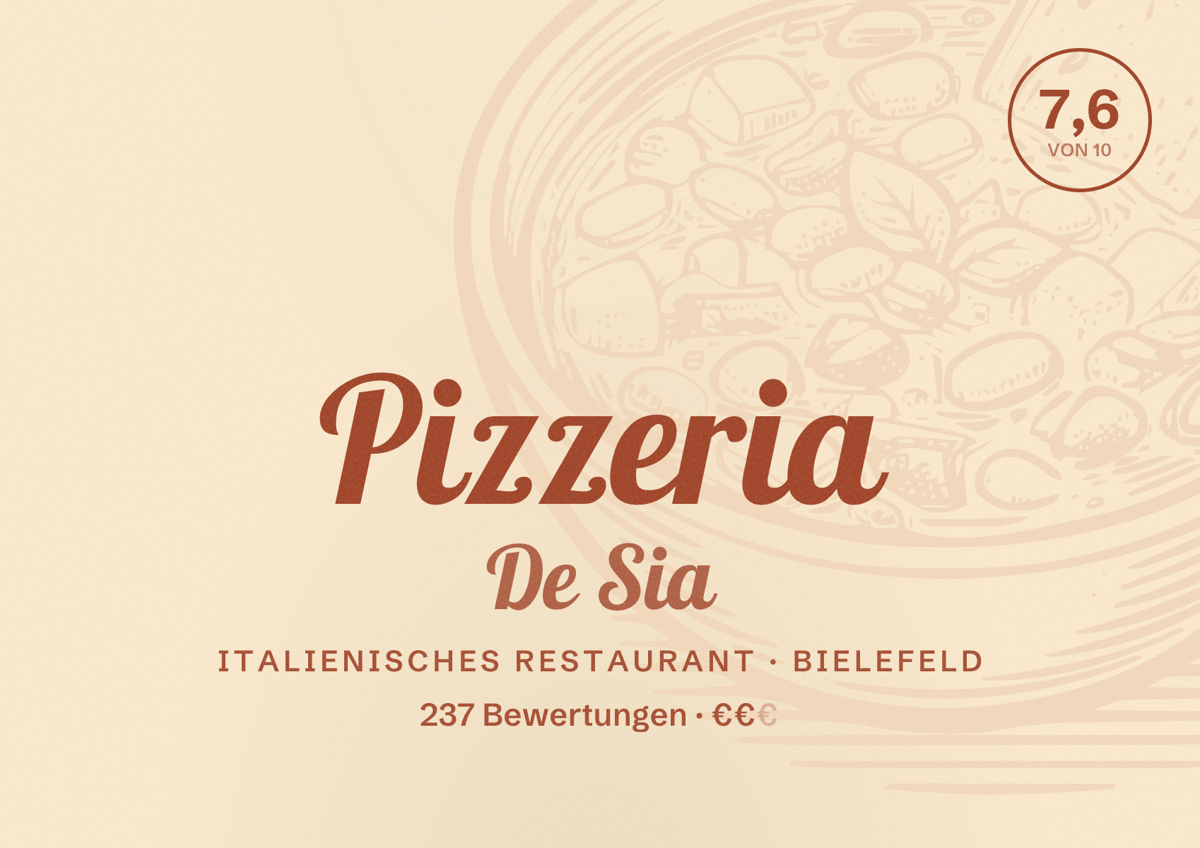 Illustriertes Poster von Pizzeria De Sia, Italienisches Restaurant in Bielefeld: Bewertung 7,6 von 10 aus 237 Bewertungen, Preisniveau €€