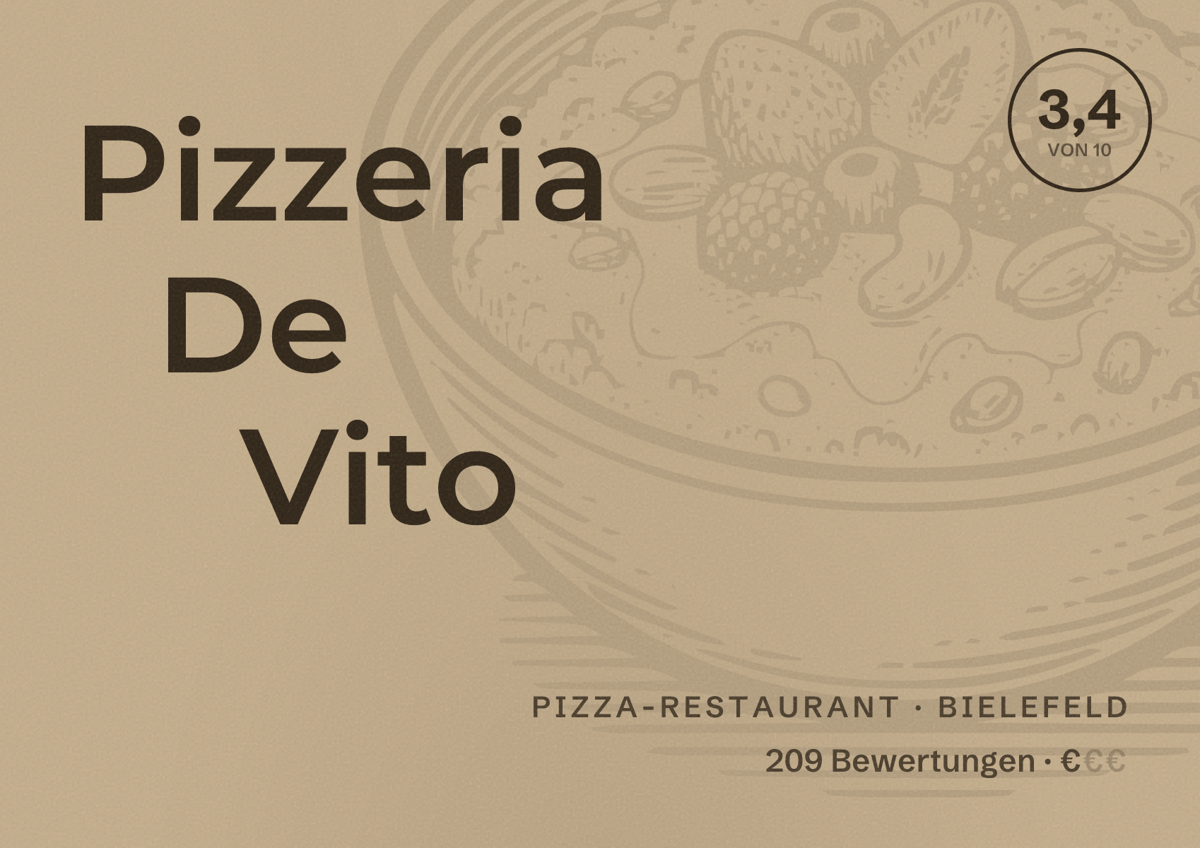 Illustriertes Poster von Pizzeria De Vito, Pizza-Restaurant in Bielefeld: Bewertung 3,4 von 10 aus 209 Bewertungen, Preisniveau €