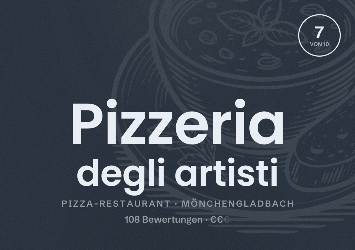 Illustriertes Poster von Pizzeria degli artisti, Pizza-Restaurant in Mönchengladbach: Bewertung 7 von 10 aus 108 Bewertungen, Preisniveau €€