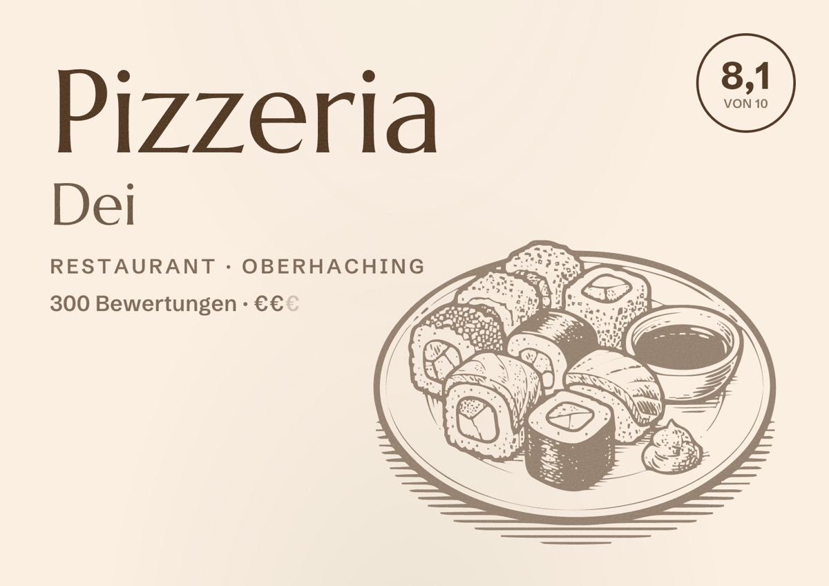 Illustriertes Poster von Pizzeria Dei, Restaurant in Oberhaching: Bewertung 8,1 von 10 aus 300 Bewertungen, Preisniveau €€