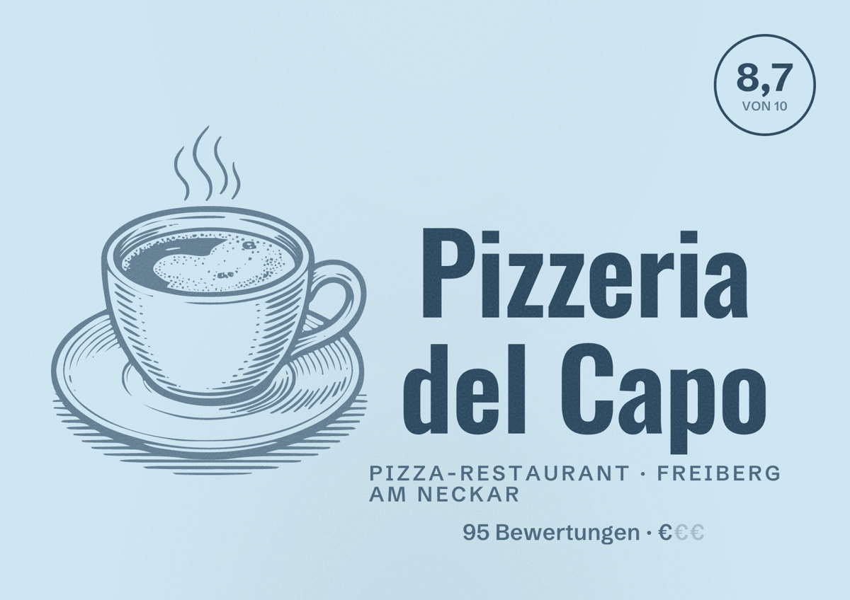 Illustriertes Poster von Pizzeria del Capo, Pizza-Restaurant in Freiberg am Neckar: Bewertung 8,7 von 10 aus 95 Bewertungen, Preisniveau €