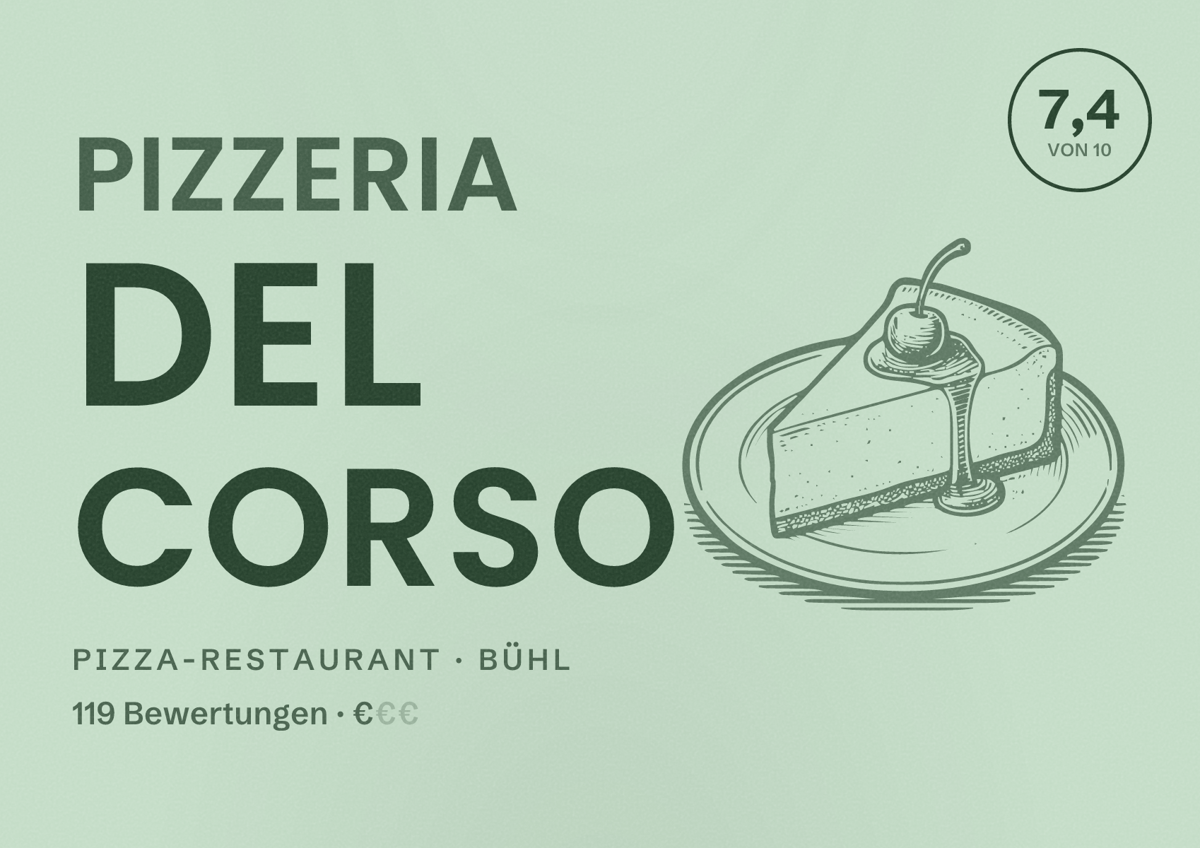 Illustriertes Poster von Pizzeria del Corso, Pizza-Restaurant in Bühl: Bewertung 7,4 von 10 aus 119 Bewertungen, Preisniveau €