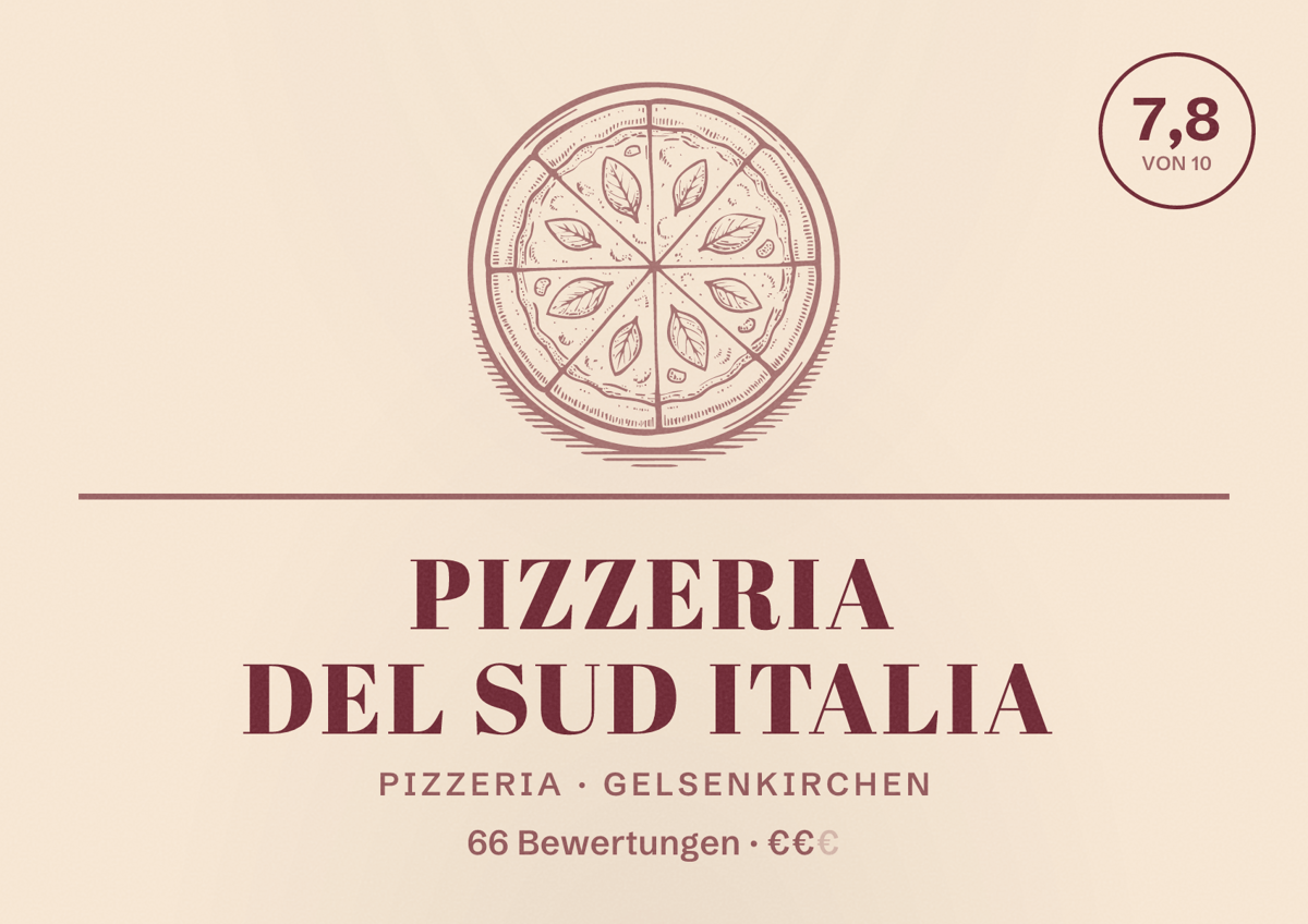 Illustriertes Poster von Pizzeria del sud Italia, Pizzeria in Gelsenkirchen: Bewertung 7,8 von 10 aus 66 Bewertungen, Preisniveau €€
