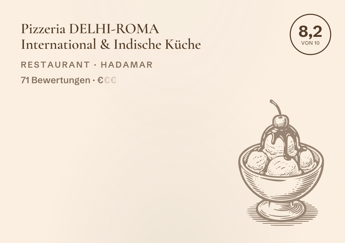 Illustriertes Poster von Pizzeria DELHI-ROMA International & Indische Küche, Restaurant in Hadamar: Bewertung 8,2 von 10 aus 71 Bewertungen, Preisniveau €