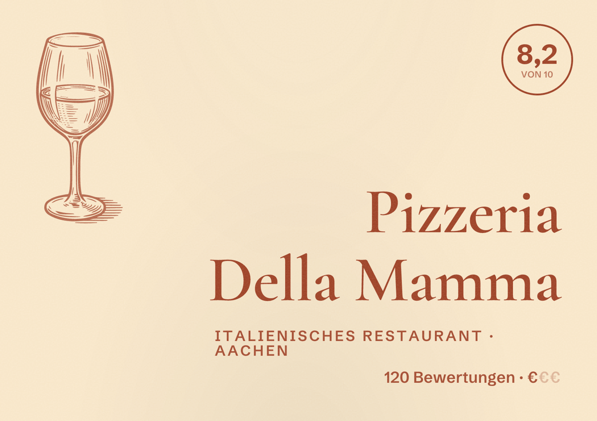 Illustriertes Poster von Pizzeria Della Mamma, Italienisches Restaurant in Aachen: Bewertung 8,2 von 10 aus 120 Bewertungen, Preisniveau €