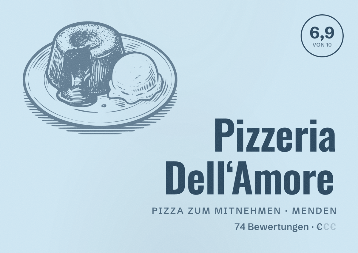Illustriertes Poster von Pizzeria Dell‘Amore, Pizza zum Mitnehmen in Menden: Bewertung 6,9 von 10 aus 74 Bewertungen, Preisniveau €