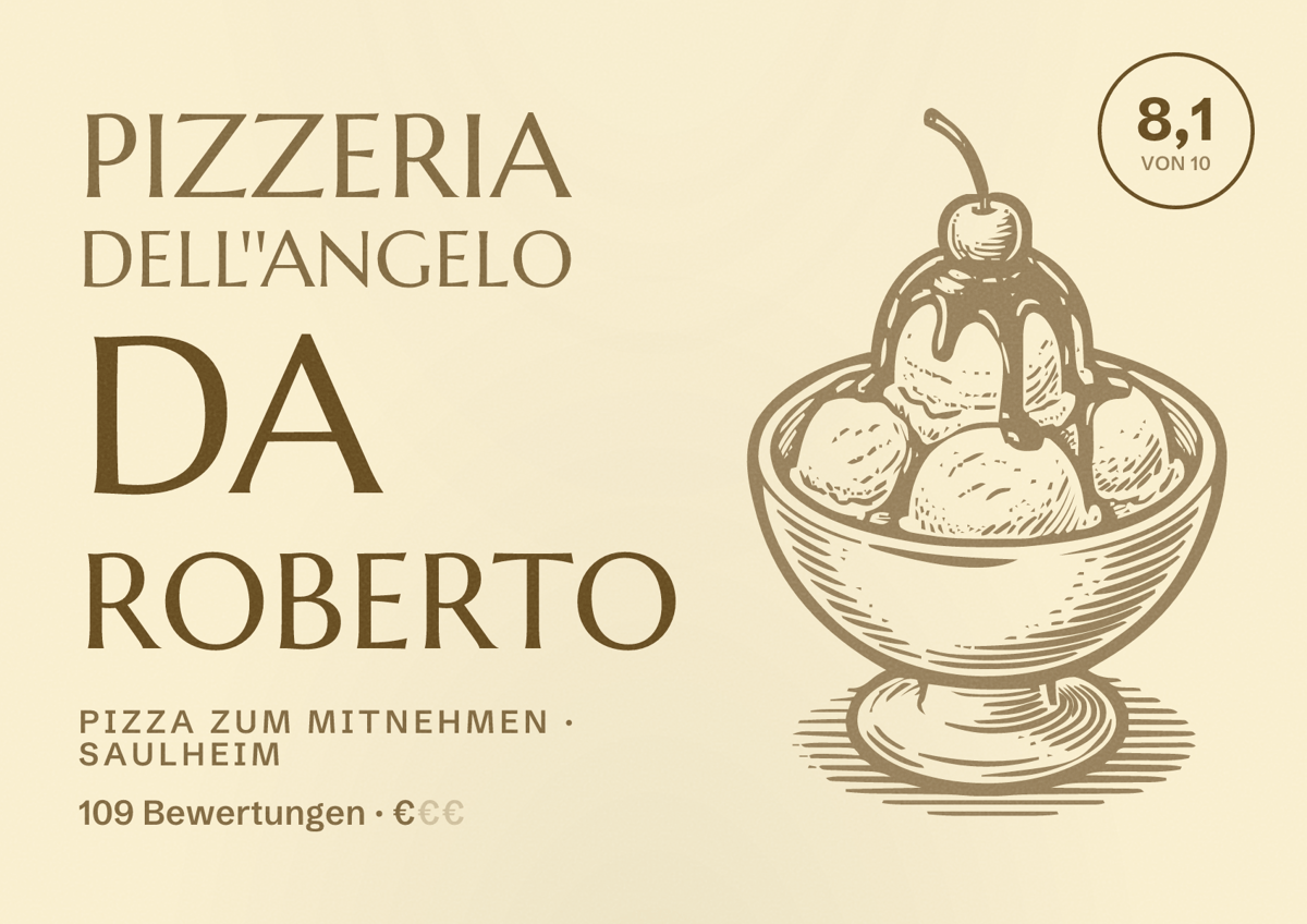 Illustriertes Poster von Pizzeria dell''Angelo da Roberto, Pizza zum Mitnehmen in Saulheim: Bewertung 8,1 von 10 aus 109 Bewertungen, Preisniveau €