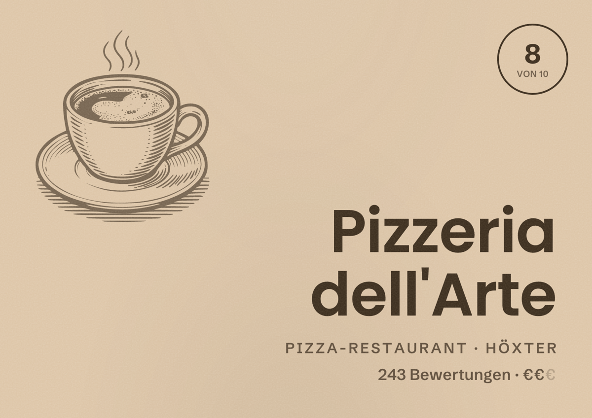 Illustriertes Poster von Pizzeria dell'Arte, Pizza-Restaurant in Höxter: Bewertung 8 von 10 aus 243 Bewertungen, Preisniveau €€