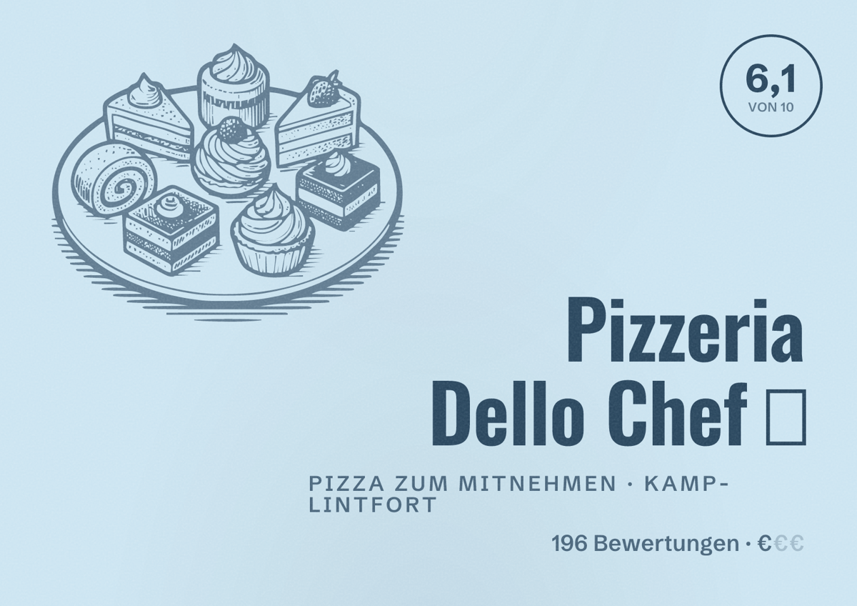 Illustriertes Poster von Pizzeria Dello Chef 🍕, Pizza zum Mitnehmen in Kamp-Lintfort: Bewertung 6,1 von 10 aus 196 Bewertungen, Preisniveau €