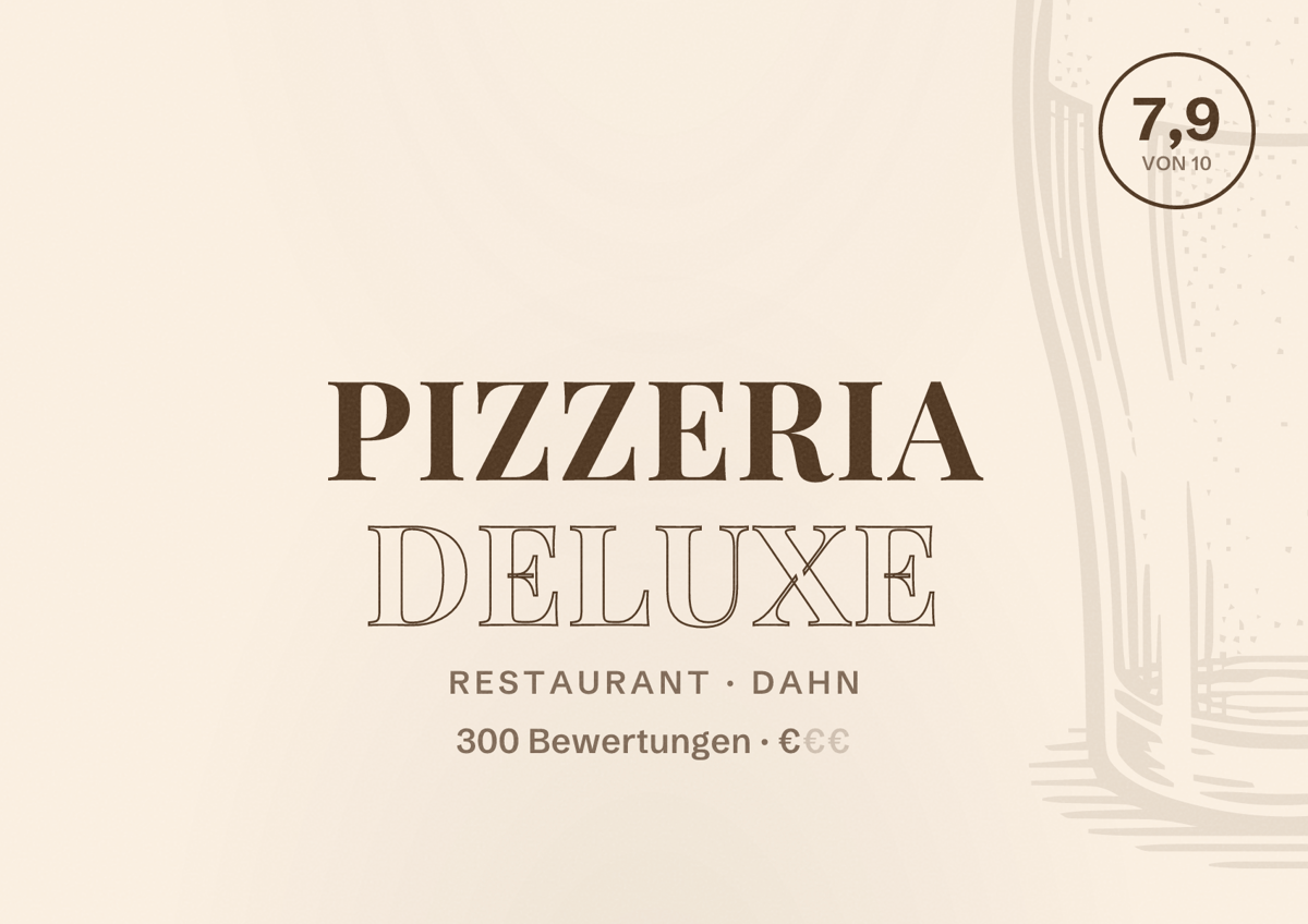Illustriertes Poster von Pizzeria Deluxe, Restaurant in Dahn: Bewertung 7,9 von 10 aus 300 Bewertungen, Preisniveau €
