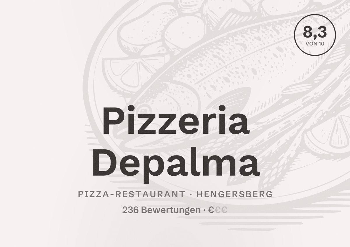 Illustriertes Poster von Pizzeria Depalma, Pizza-Restaurant in Hengersberg: Bewertung 8,3 von 10 aus 236 Bewertungen, Preisniveau €