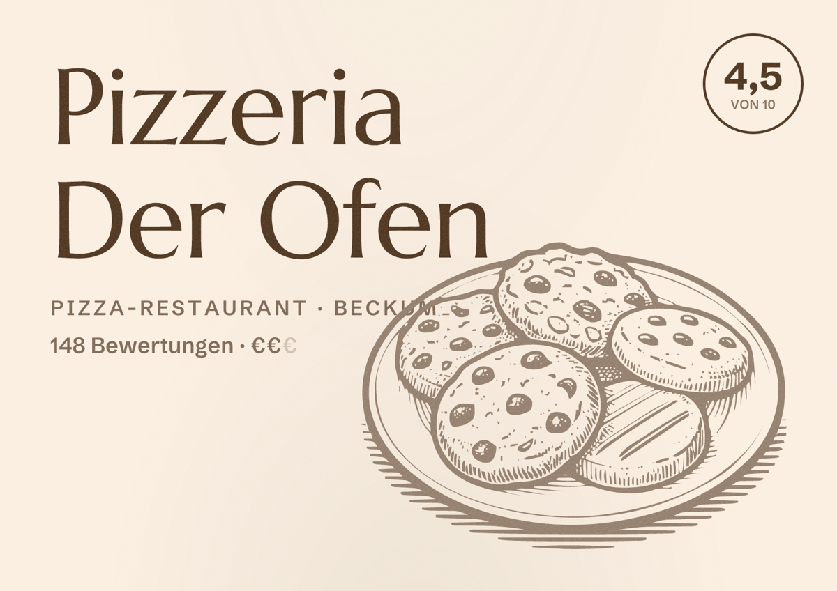 Illustriertes Poster von Pizzeria Der Ofen, Pizza-Restaurant in Beckum: Bewertung 4,5 von 10 aus 148 Bewertungen, Preisniveau €€