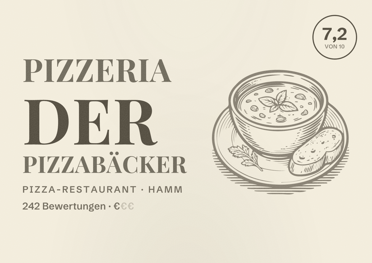 Illustriertes Poster von Pizzeria Der Pizzabäcker, Pizza-Restaurant in Hamm: Bewertung 7,2 von 10 aus 242 Bewertungen, Preisniveau €