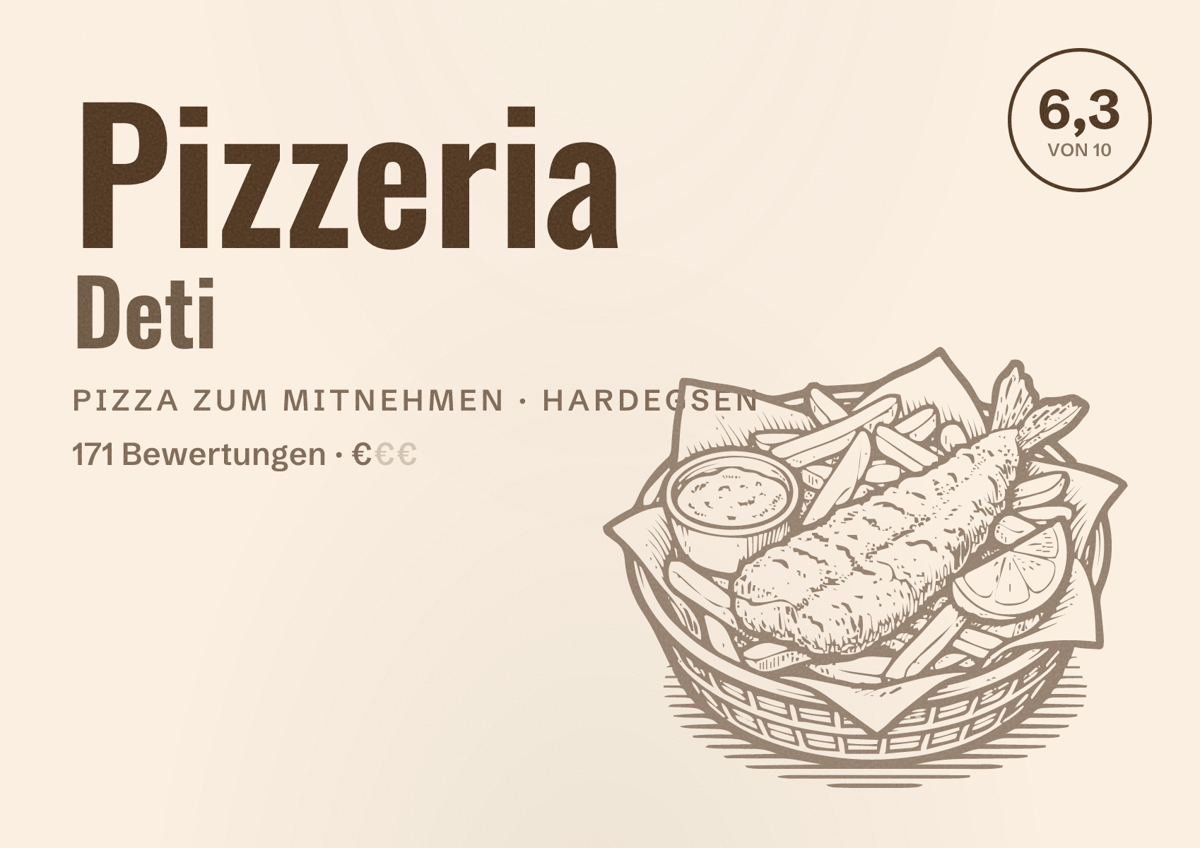 Illustriertes Poster von Pizzeria Deti, Pizza zum Mitnehmen in Hardegsen: Bewertung 6,3 von 10 aus 171 Bewertungen, Preisniveau €