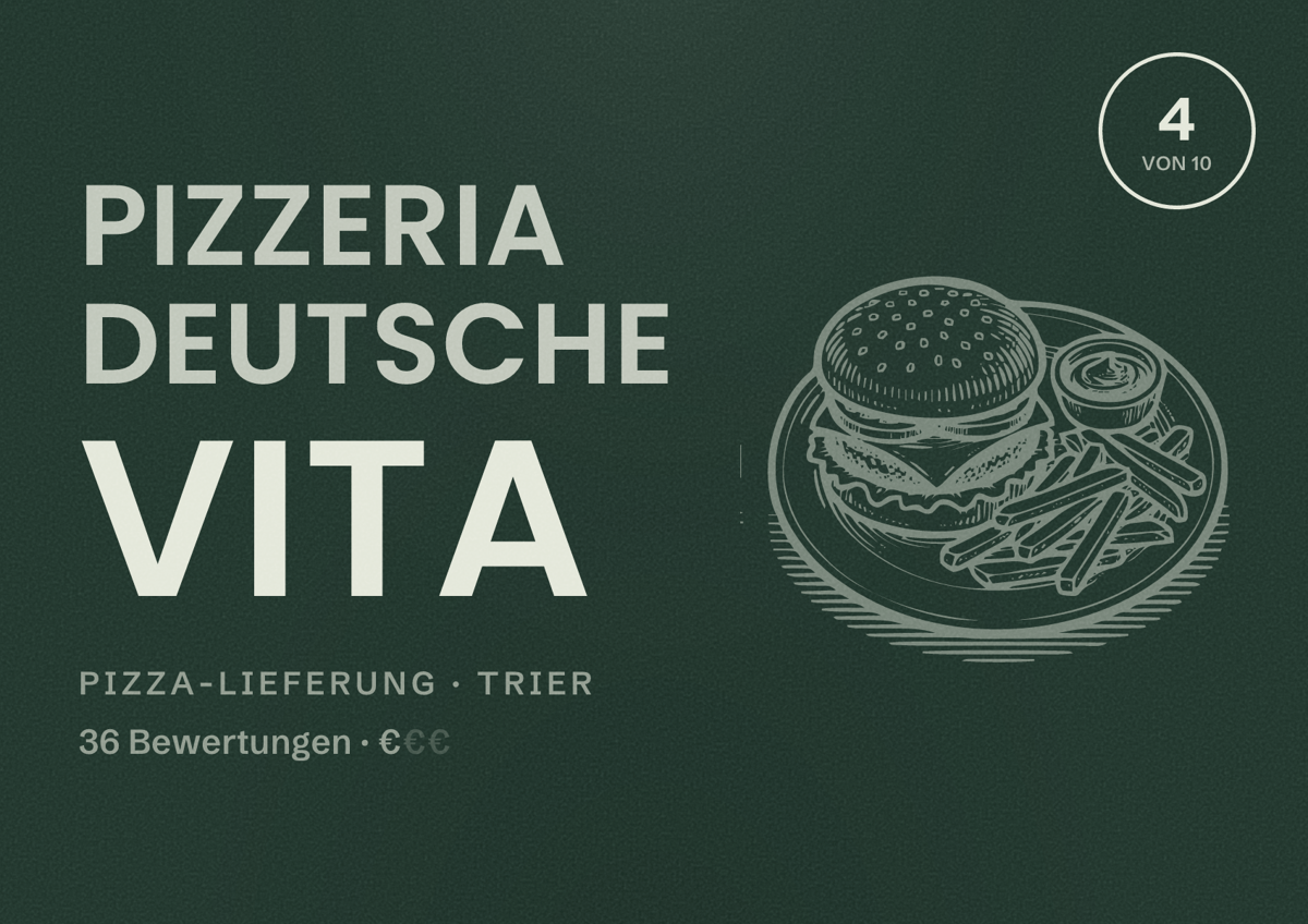 Illustriertes Poster von Pizzeria Deutsche Vita, Pizza-Lieferung in Trier: Bewertung 4 von 10 aus 36 Bewertungen, Preisniveau €