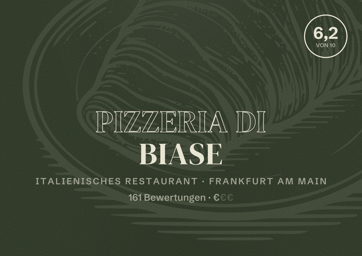 Illustriertes Poster von Pizzeria Di Biase, Italienisches Restaurant in Frankfurt am Main: Bewertung 6,2 von 10 aus 161 Bewertungen, Preisniveau €