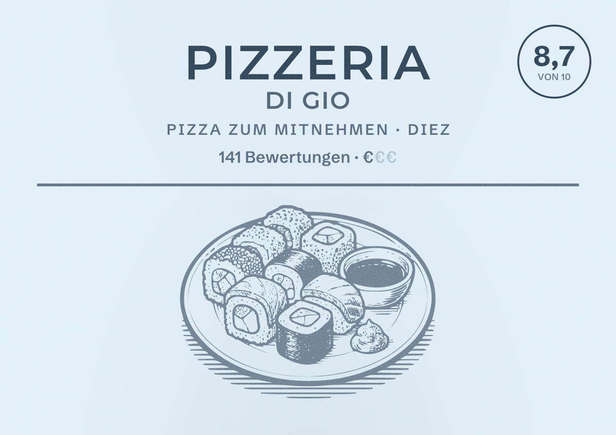Illustriertes Poster von Pizzeria di Gio, Pizza zum Mitnehmen in Diez: Bewertung 8,7 von 10 aus 141 Bewertungen, Preisniveau €