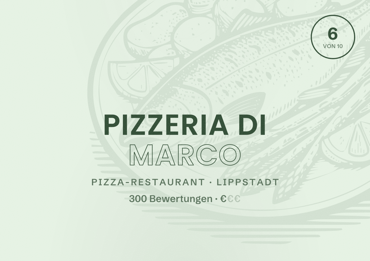 Illustriertes Poster von Pizzeria Di Marco, Pizza-Restaurant in Lippstadt: Bewertung 6 von 10 aus 300 Bewertungen, Preisniveau €