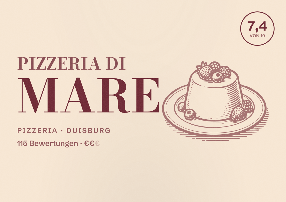 Illustriertes Poster von Pizzeria Di Mare, Pizzeria in Duisburg: Bewertung 7,4 von 10 aus 115 Bewertungen, Preisniveau €€