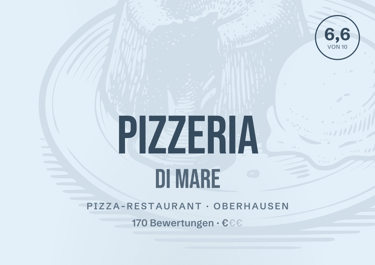 Illustriertes Poster von Pizzeria Di Mare, Pizza-Restaurant in Oberhausen: Bewertung 6,6 von 10 aus 170 Bewertungen, Preisniveau €