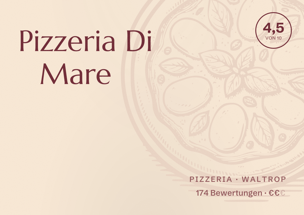 Illustriertes Poster von Pizzeria Di Mare, Pizzeria in Waltrop: Bewertung 4,5 von 10 aus 174 Bewertungen, Preisniveau €€