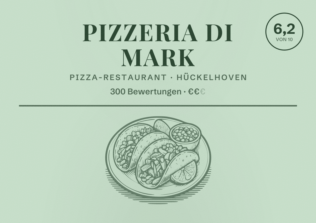 Illustriertes Poster von Pizzeria Di Mark, Pizza-Restaurant in Hückelhoven: Bewertung 6,2 von 10 aus 300 Bewertungen, Preisniveau €€