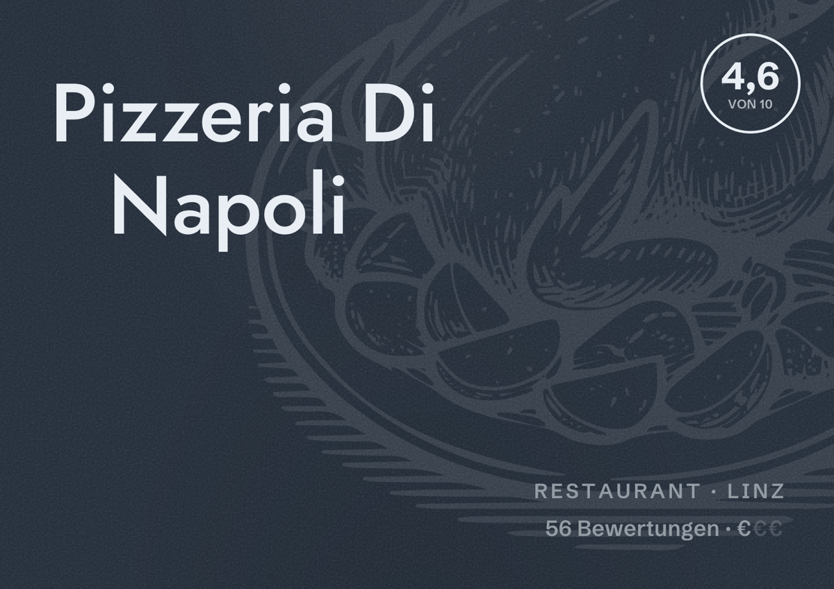 Illustriertes Poster von Pizzeria Di Napoli, Restaurant in Linz: Bewertung 4,6 von 10 aus 56 Bewertungen, Preisniveau €