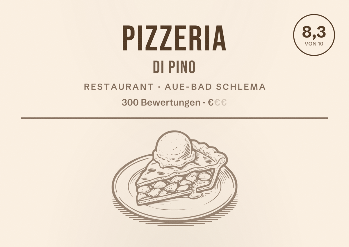 Illustriertes Poster von Pizzeria Di Pino, Restaurant in Aue-Bad Schlema: Bewertung 8,3 von 10 aus 300 Bewertungen, Preisniveau €