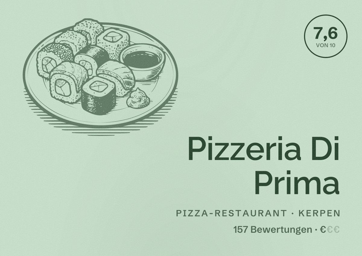 Illustriertes Poster von Pizzeria Di Prima, Pizza-Restaurant in Kerpen: Bewertung 7,6 von 10 aus 157 Bewertungen, Preisniveau €