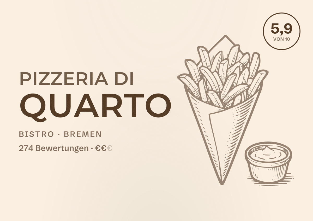 Illustriertes Poster von Pizzeria di Quarto, Bistro in Bremen: Bewertung 5,9 von 10 aus 274 Bewertungen, Preisniveau €€