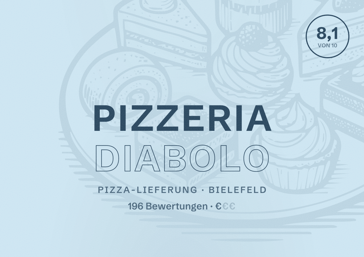 Illustriertes Poster von Pizzeria Diabolo, Pizza-Lieferung in Bielefeld: Bewertung 8,1 von 10 aus 196 Bewertungen, Preisniveau €