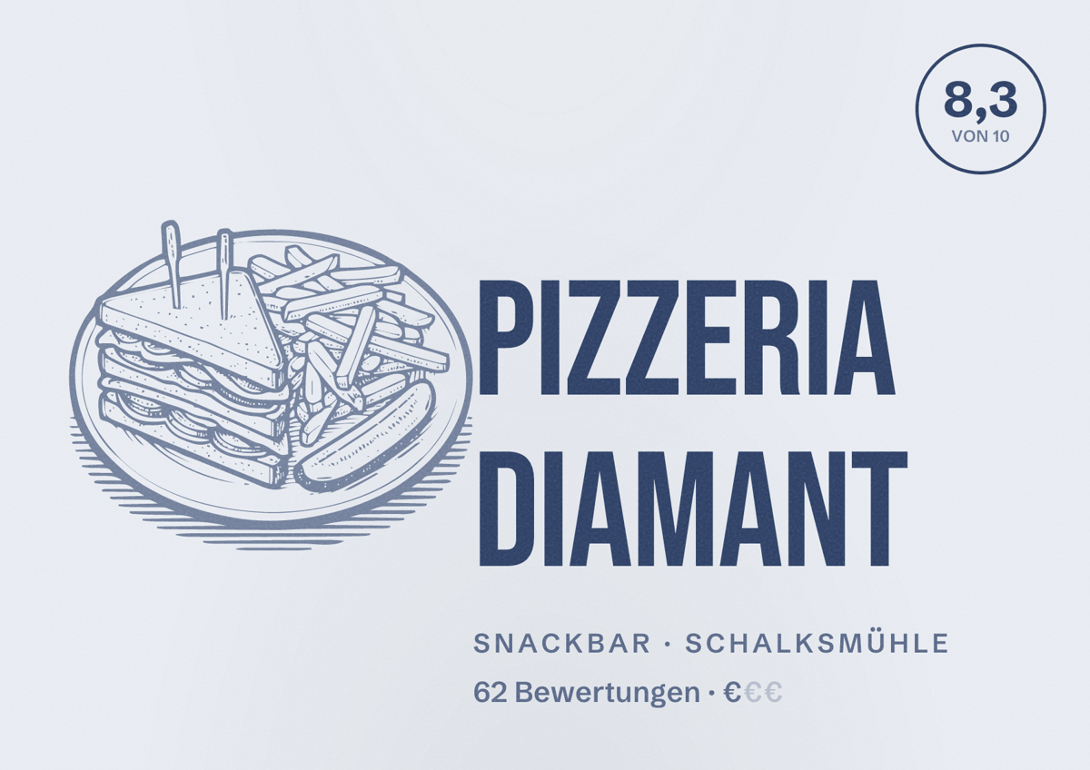 Illustriertes Poster von Pizzeria Diamant, Snackbar in Schalksmühle: Bewertung 8,3 von 10 aus 62 Bewertungen, Preisniveau €