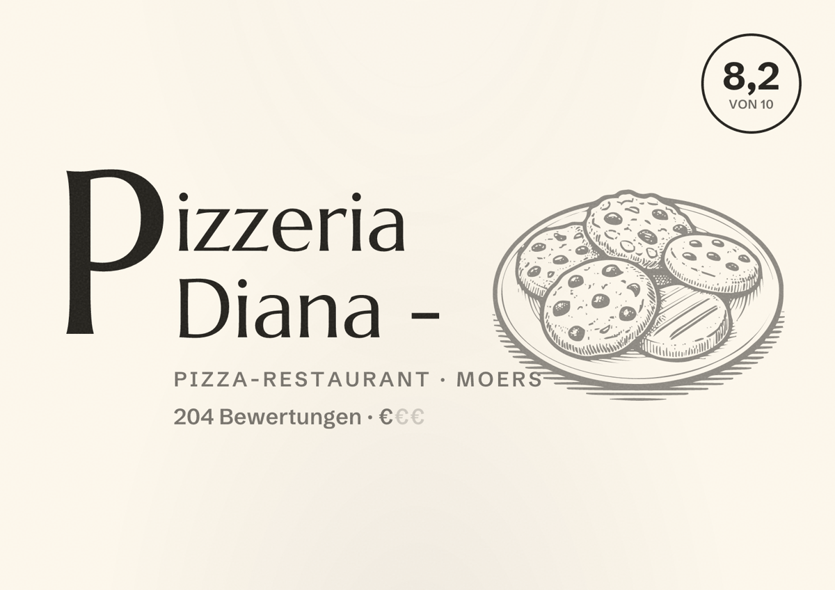 Illustriertes Poster von Pizzeria Diana -, Pizza-Restaurant in Moers: Bewertung 8,2 von 10 aus 204 Bewertungen, Preisniveau €