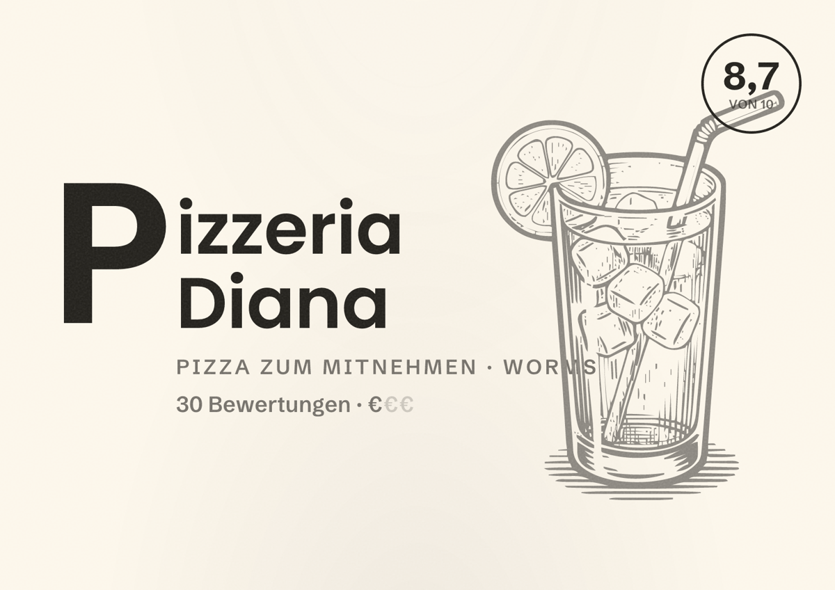Illustriertes Poster von Pizzeria Diana, Pizza zum Mitnehmen in Worms: Bewertung 8,7 von 10 aus 30 Bewertungen, Preisniveau €