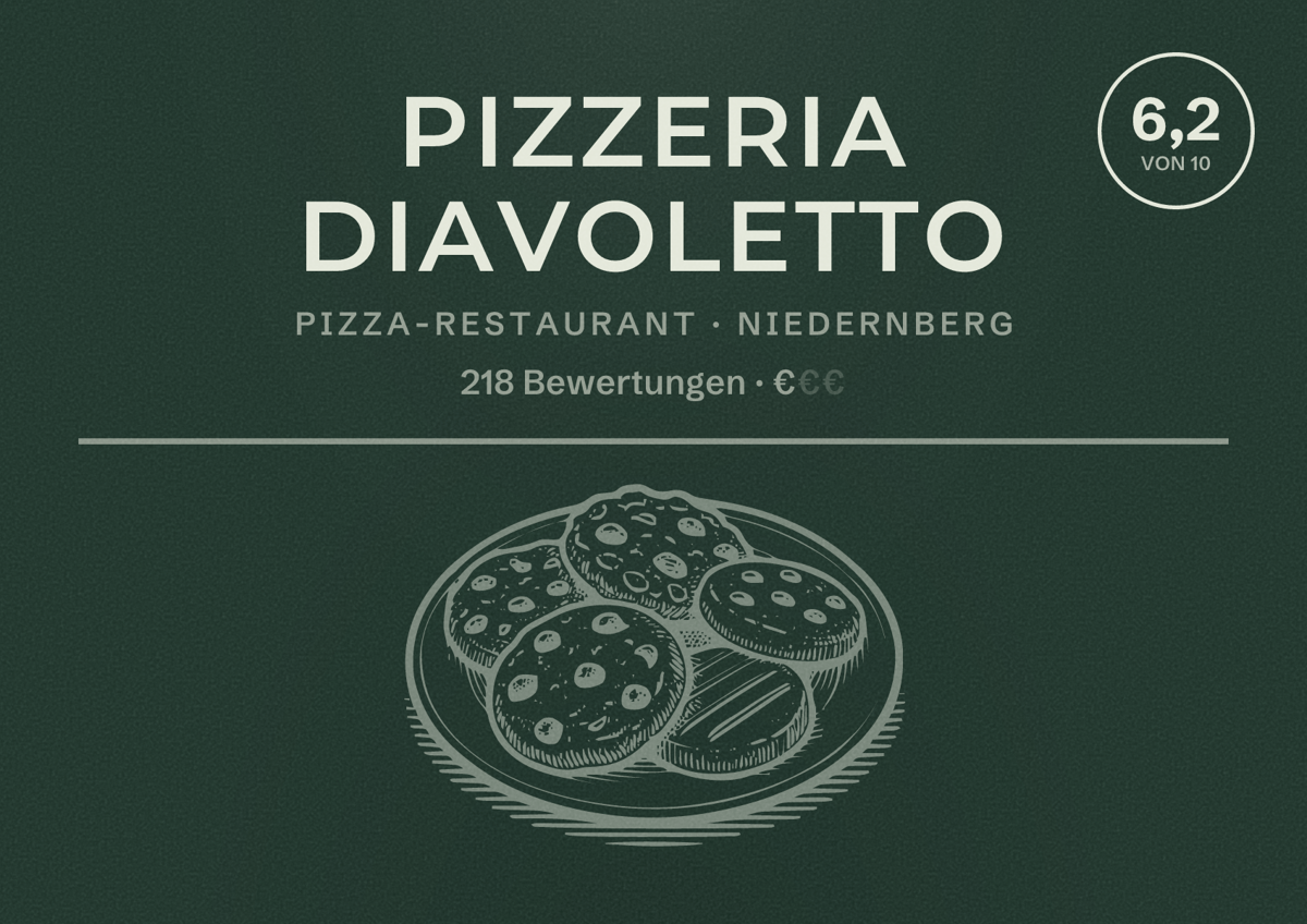 Illustriertes Poster von Pizzeria Diavoletto, Pizza-Restaurant in Niedernberg: Bewertung 6,2 von 10 aus 218 Bewertungen, Preisniveau €