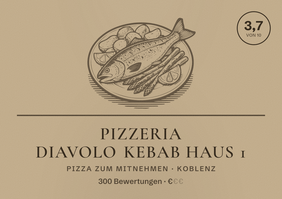 Illustriertes Poster von Pizzeria Diavolo Kebab Haus 1, Pizza zum Mitnehmen in Koblenz: Bewertung 3,7 von 10 aus 300 Bewertungen, Preisniveau €