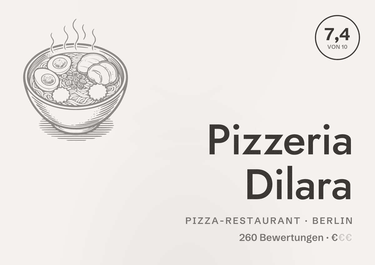 Illustriertes Poster von Pizzeria Dilara, Pizza-Restaurant in Berlin: Bewertung 7,4 von 10 aus 260 Bewertungen, Preisniveau €