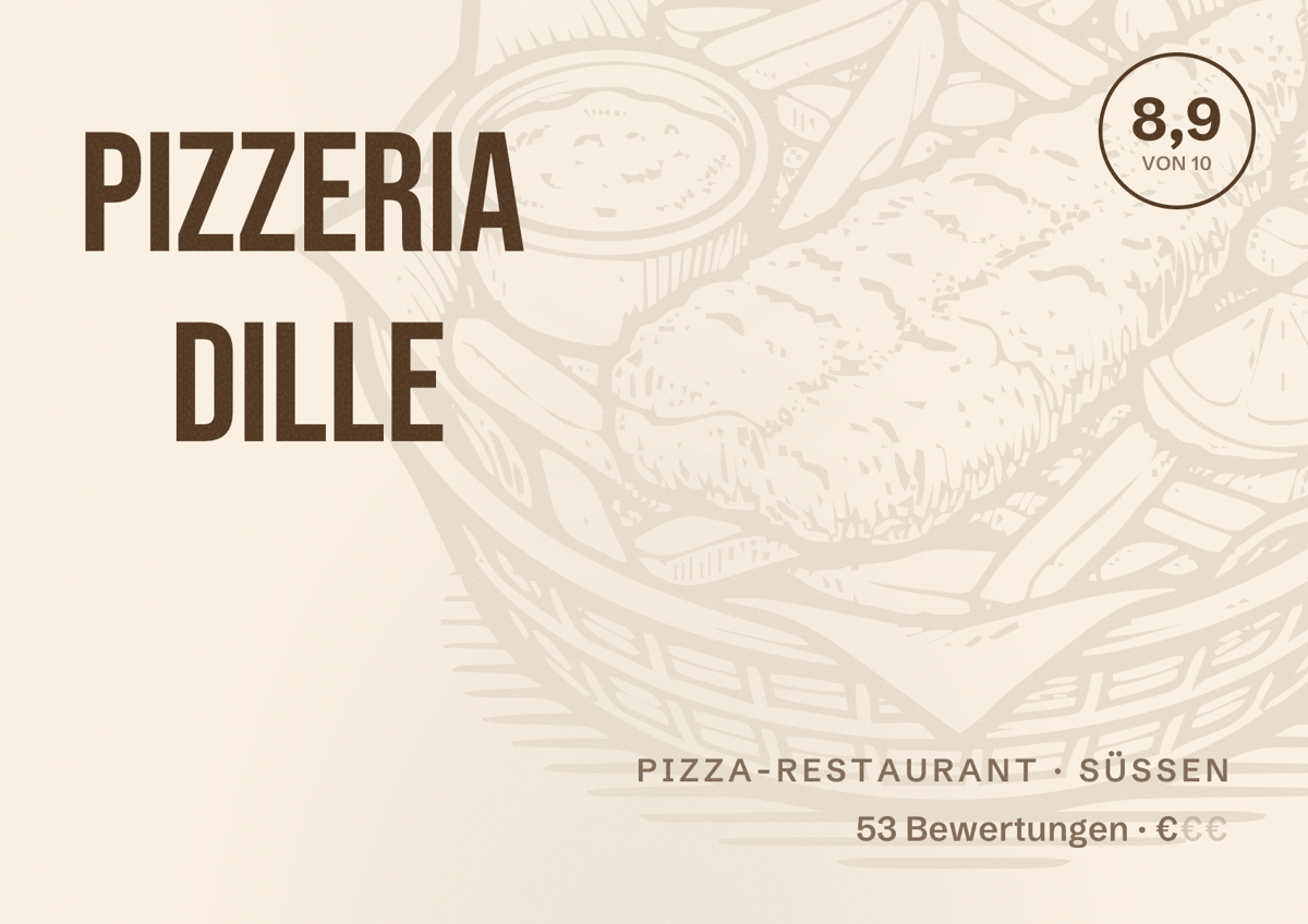 Illustriertes Poster von Pizzeria Dille, Pizza-Restaurant in Süßen: Bewertung 8,9 von 10 aus 53 Bewertungen, Preisniveau €