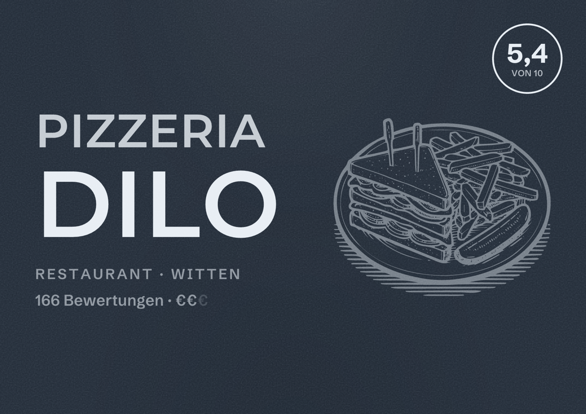 Illustriertes Poster von Pizzeria Dilo, Restaurant in Witten: Bewertung 5,4 von 10 aus 166 Bewertungen, Preisniveau €€