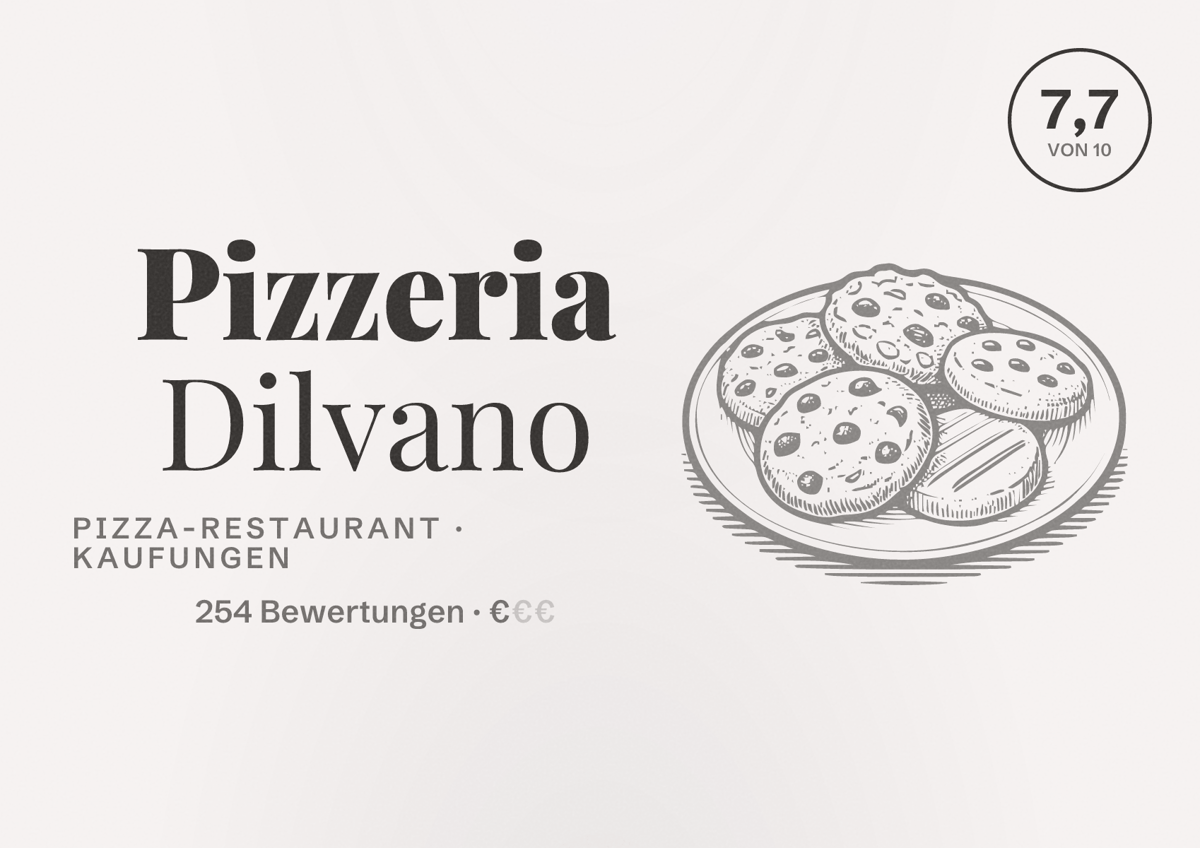 Illustriertes Poster von Pizzeria Dilvano, Pizza-Restaurant in Kaufungen: Bewertung 7,7 von 10 aus 254 Bewertungen, Preisniveau €