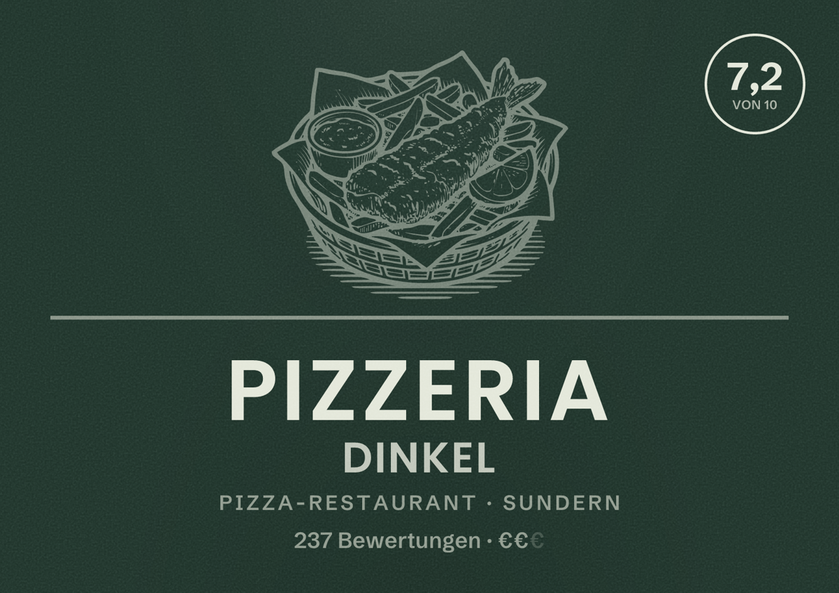 Illustriertes Poster von Pizzeria Dinkel, Pizza-Restaurant in Sundern: Bewertung 7,2 von 10 aus 237 Bewertungen, Preisniveau €€