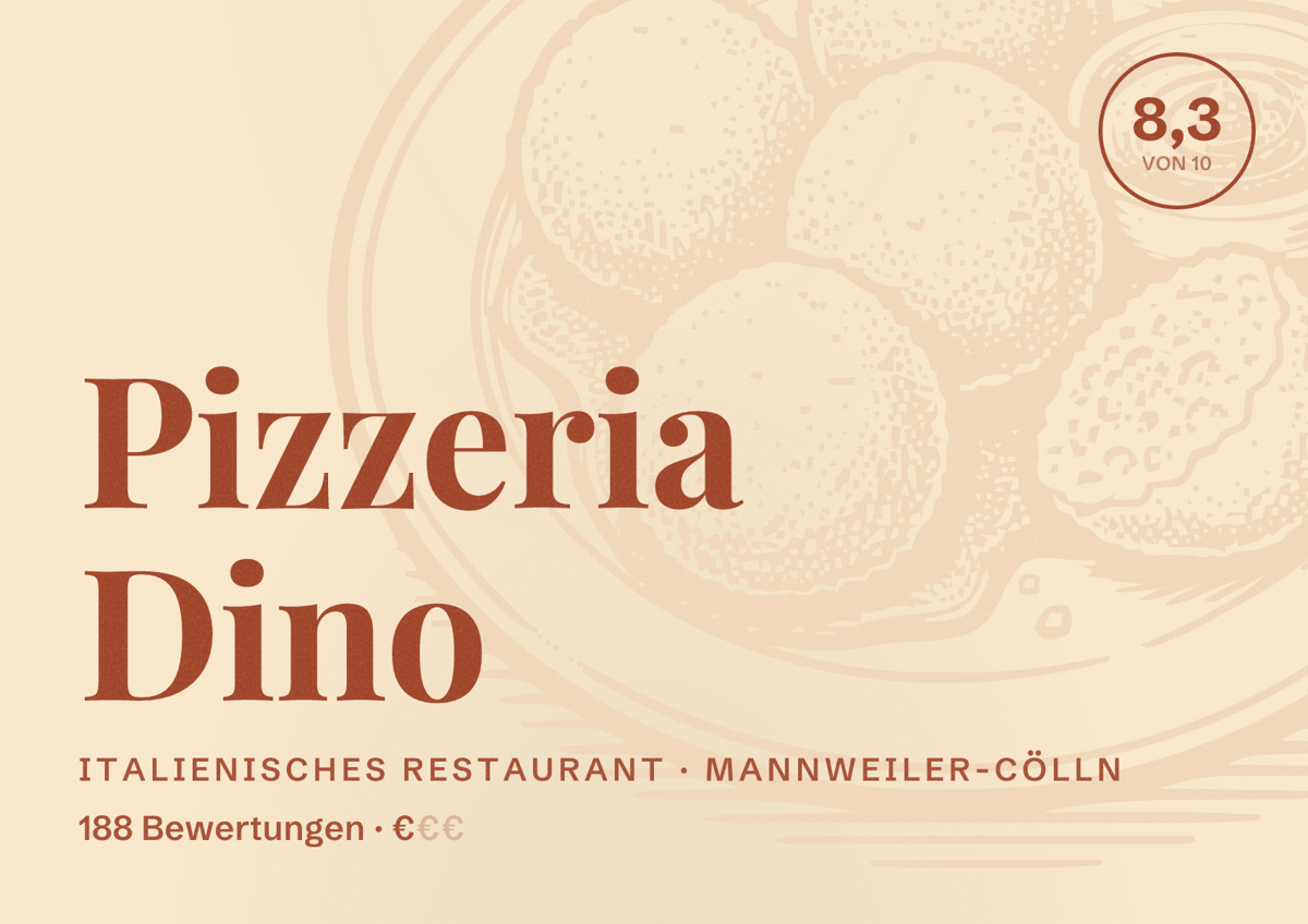Illustriertes Poster von Pizzeria Dino, Italienisches Restaurant in Mannweiler-Cölln: Bewertung 8,3 von 10 aus 188 Bewertungen, Preisniveau €