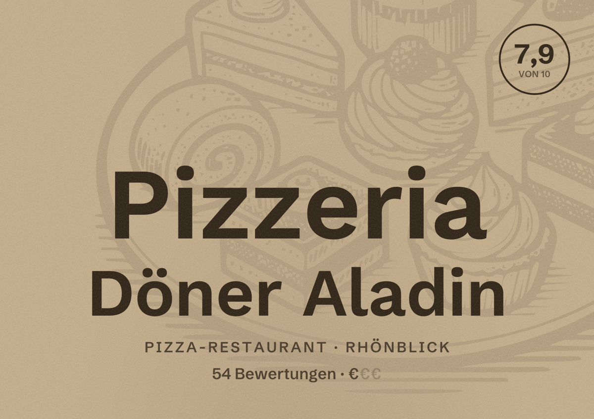 Illustriertes Poster von Pizzeria Döner Aladin, Pizza-Restaurant in Rhönblick: Bewertung 7,9 von 10 aus 54 Bewertungen, Preisniveau €