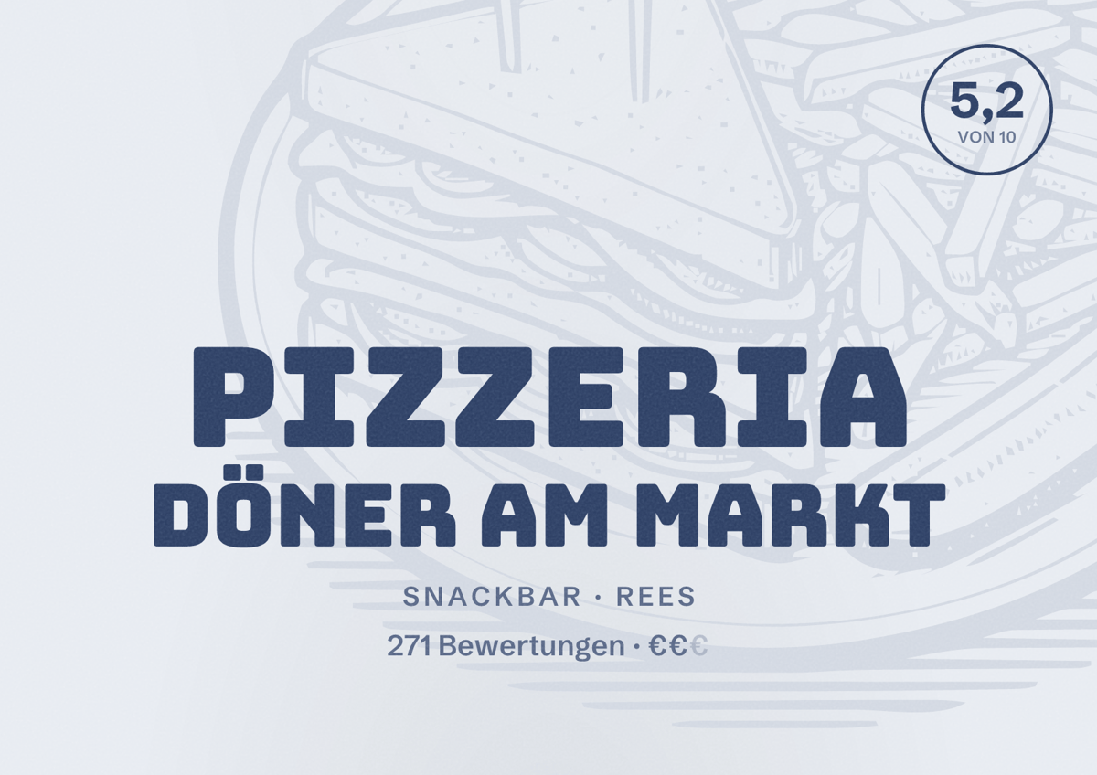 Illustriertes Poster von Pizzeria Döner am Markt, Snackbar in Rees: Bewertung 5,2 von 10 aus 271 Bewertungen, Preisniveau €€
