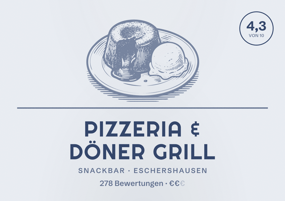 Illustriertes Poster von Pizzeria & Döner Grill, Snackbar in Eschershausen: Bewertung 4,3 von 10 aus 278 Bewertungen, Preisniveau €€