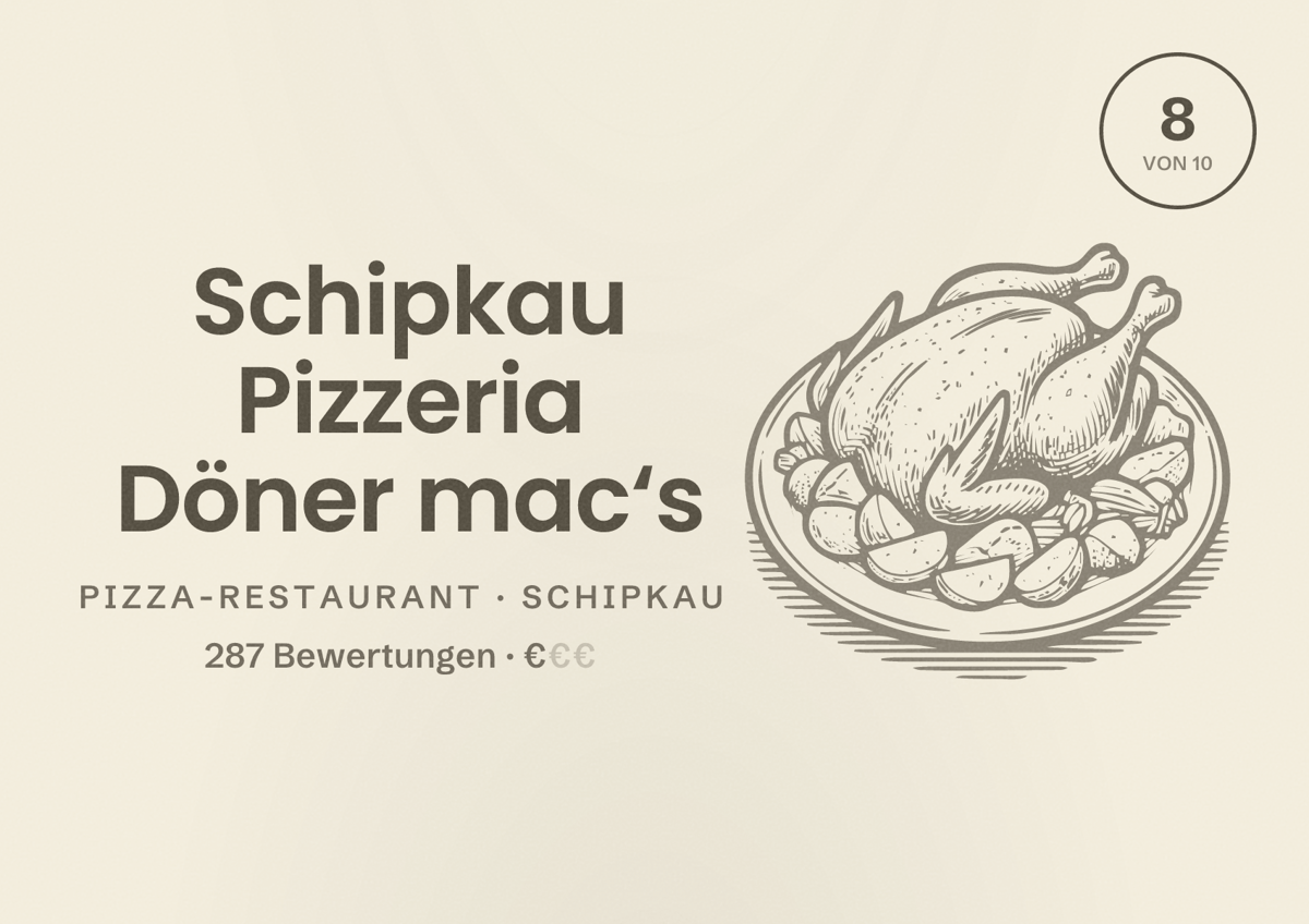 Illustriertes Poster von Schipkau Pizzeria Döner mac‘s, Pizza-Restaurant in Schipkau: Bewertung 8 von 10 aus 287 Bewertungen, Preisniveau €