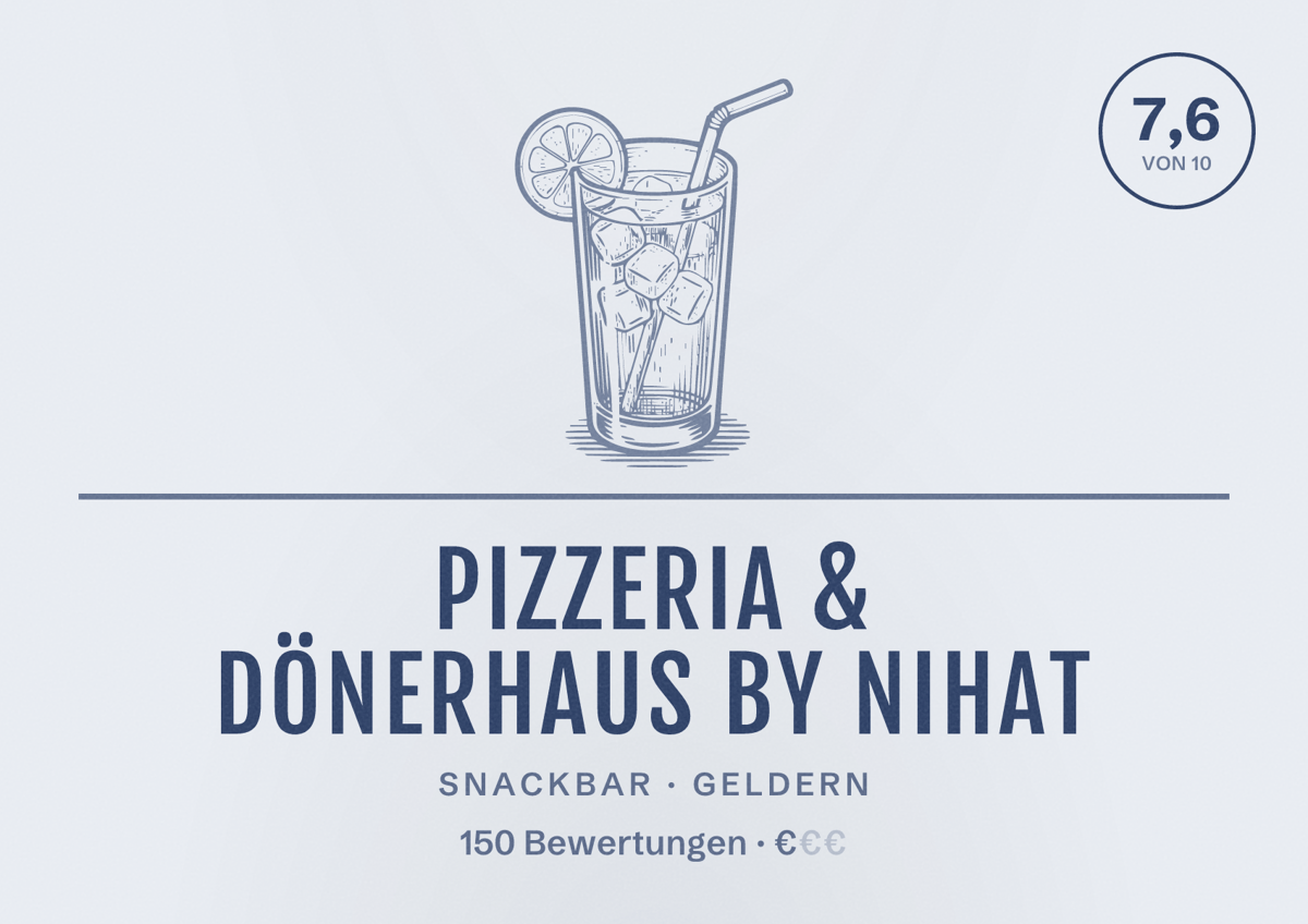 Illustriertes Poster von Pizzeria & Dönerhaus BY NIHAT, Snackbar in Geldern: Bewertung 7,6 von 10 aus 150 Bewertungen, Preisniveau €