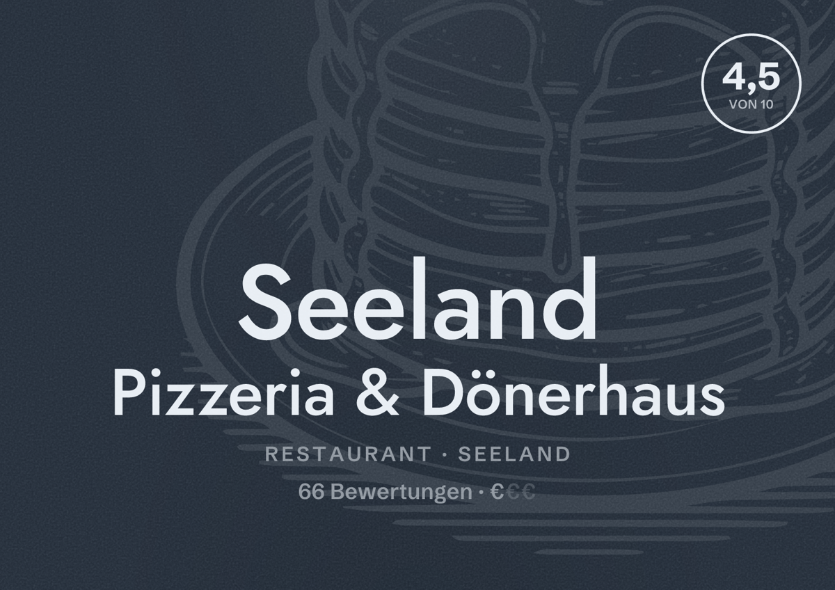 Illustriertes Poster von Seeland Pizzeria & Dönerhaus, Restaurant in Seeland: Bewertung 4,5 von 10 aus 66 Bewertungen, Preisniveau €