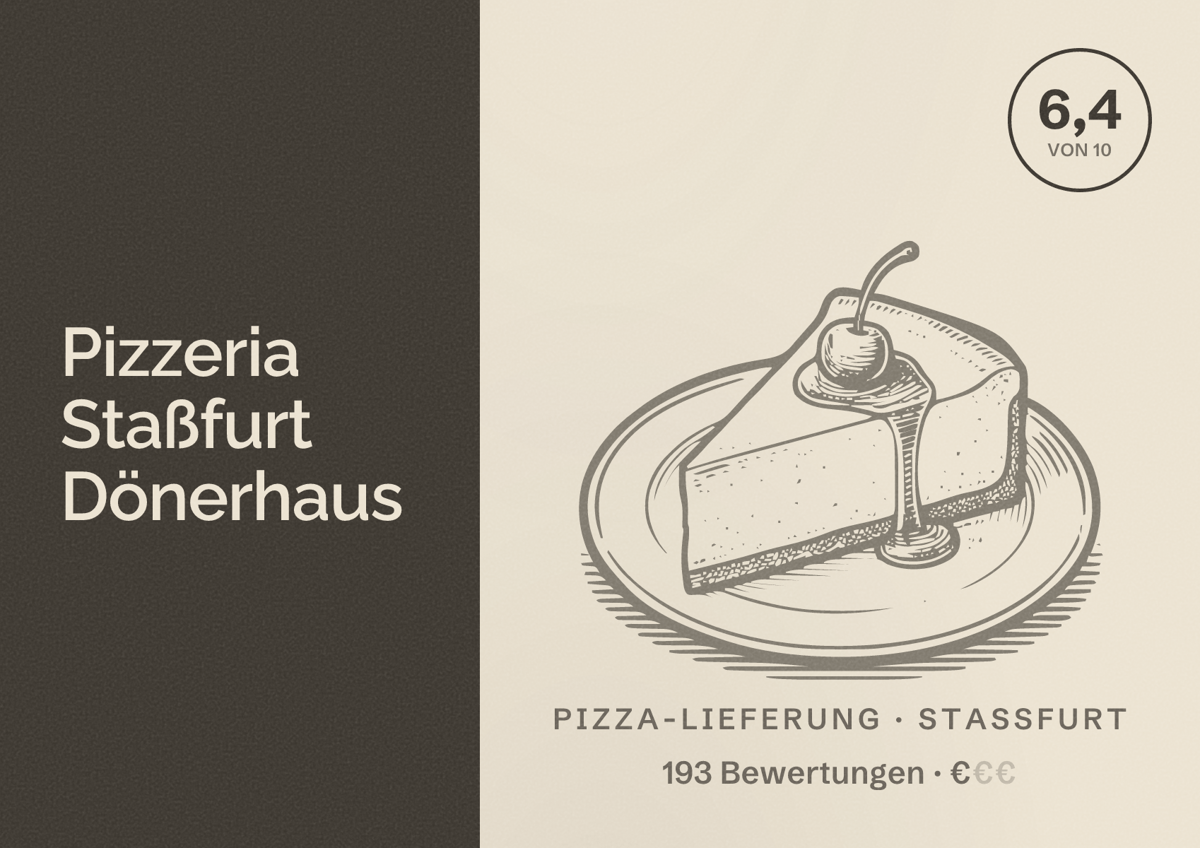 Illustriertes Poster von Pizzeria Staßfurt Dönerhaus, Pizza-Lieferung in Staßfurt: Bewertung 6,4 von 10 aus 193 Bewertungen, Preisniveau €