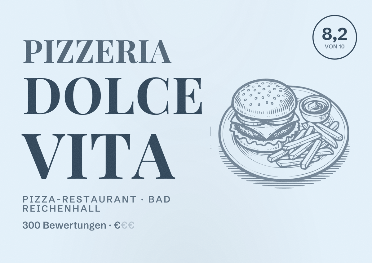 Illustriertes Poster von Pizzeria Dolce Vita, Pizza-Restaurant in Bad Reichenhall: Bewertung 8,2 von 10 aus 300 Bewertungen, Preisniveau €